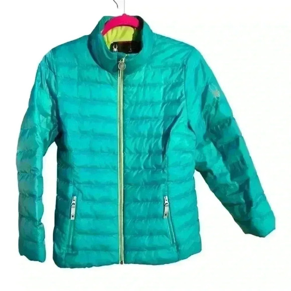SPYDER - Cute Puffer jacket - Aqua with fun lime green lining - Picture 1 of 11